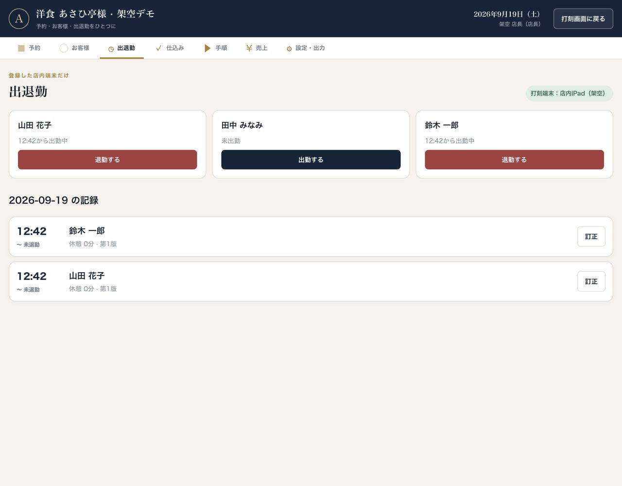 同じ道具の出退勤の画面。スタッフ3名の出勤・退勤ボタンと、この日の打刻の記録。登録した店内端末からだけ押せる